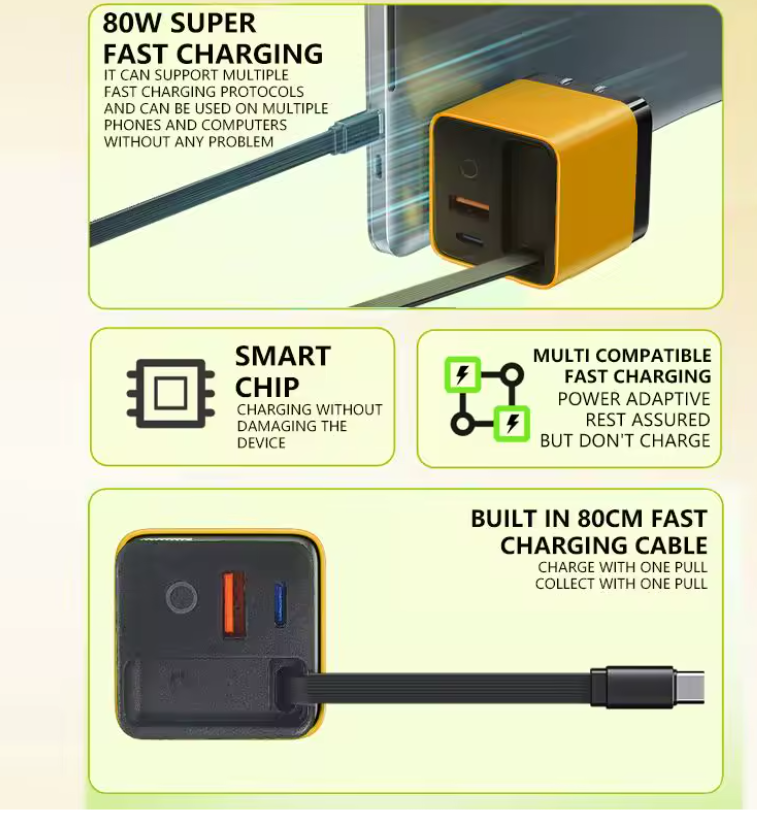 3 in 1 GaN Charger Retractable 80W MAX Fast Charger